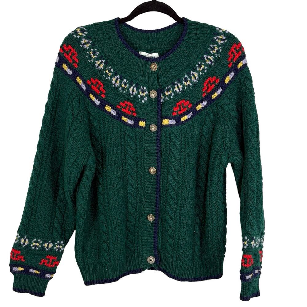 Vtg Chunky Wool Cable Knit Fair Isle Cardigan Women’s Sz XL Forest Green Italy